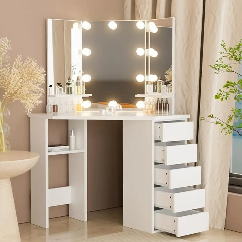 Corner Vanity Desk with Drawers and Mirror, Corner Makeup Vanity with Mirror and Lights, Small Bedroom Vanity Table Makeup Desk