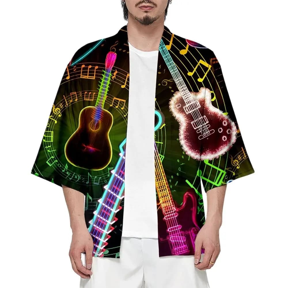 Summer Samurai Kimono Cosplay Music Guitar Print Haori Japanese Fashion Streetwear Kimono Men Yukata Cardigan New Robe Hot Sale