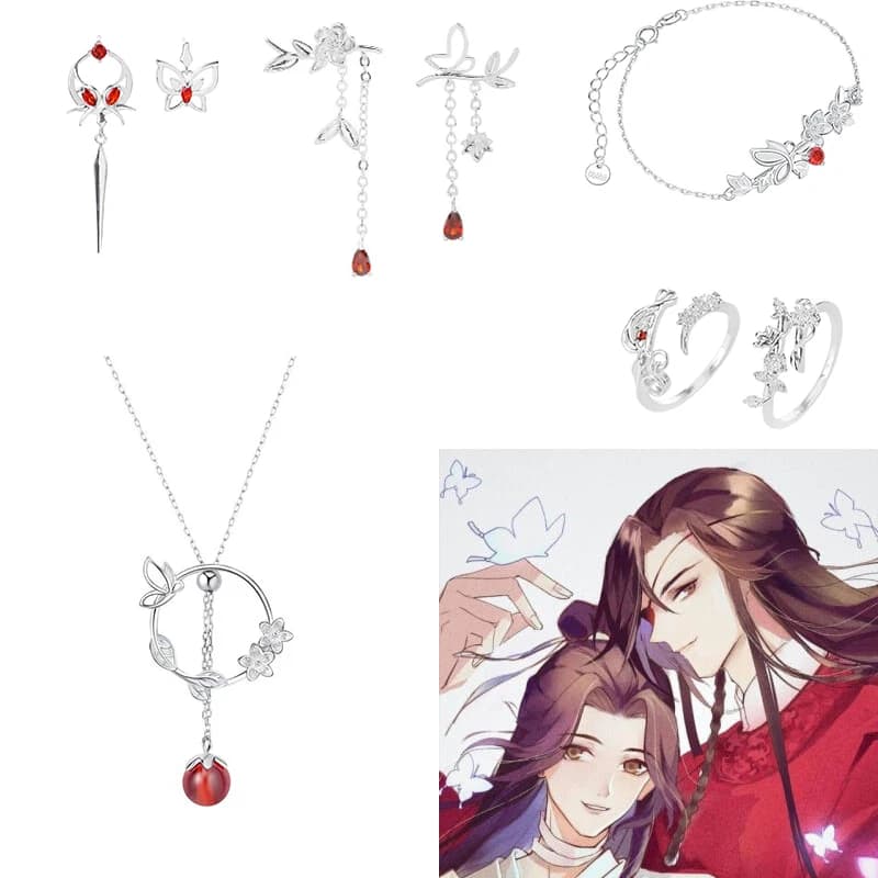 Anime TianGuanCiFu cosplay jewelry butterfly tassel bracelet earrings Necklace opening ring huacheng xielian fans gifts