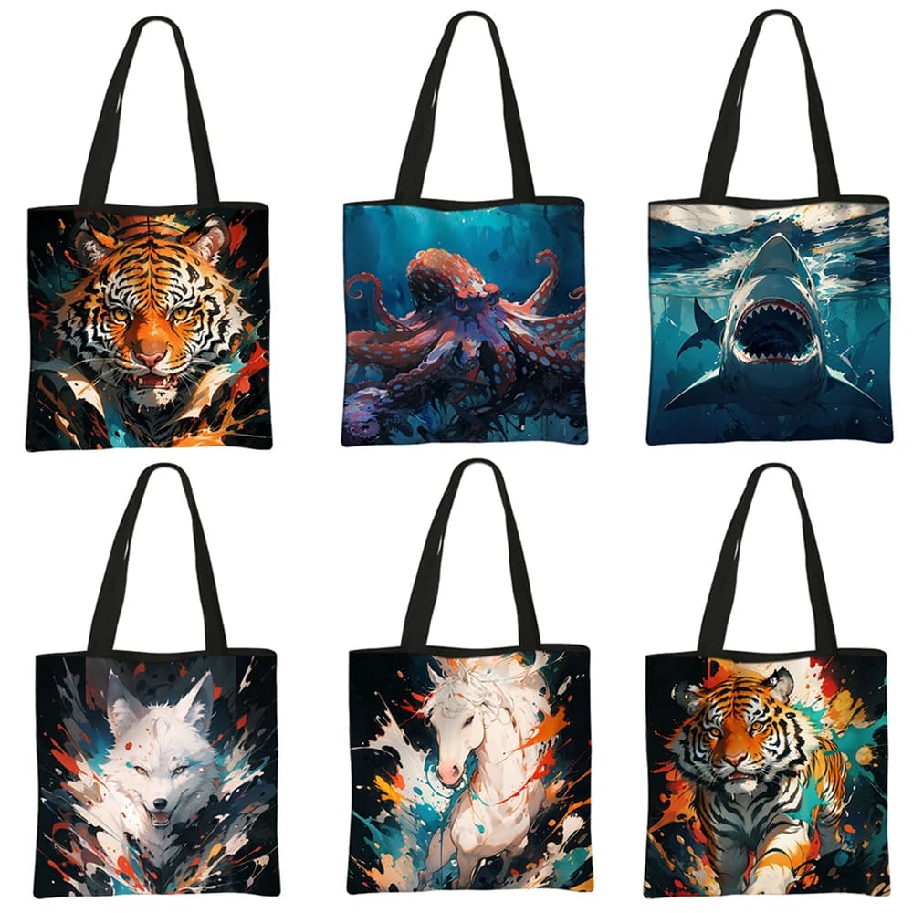 Paint Splatter Tiger Wolf Shark Octopus Women Tote Bag Fashion Handbag Watercolor Animal Shoulder Bags Reusable Shopping Bag