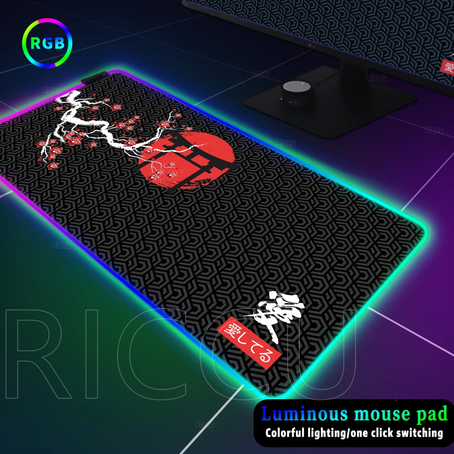 RGB LED Desk Mat Black Sakura Gaming Emit Light Mouse Pad Large Office Carpet Accessories Cherry Blossom Rug Gamer Computer Mats