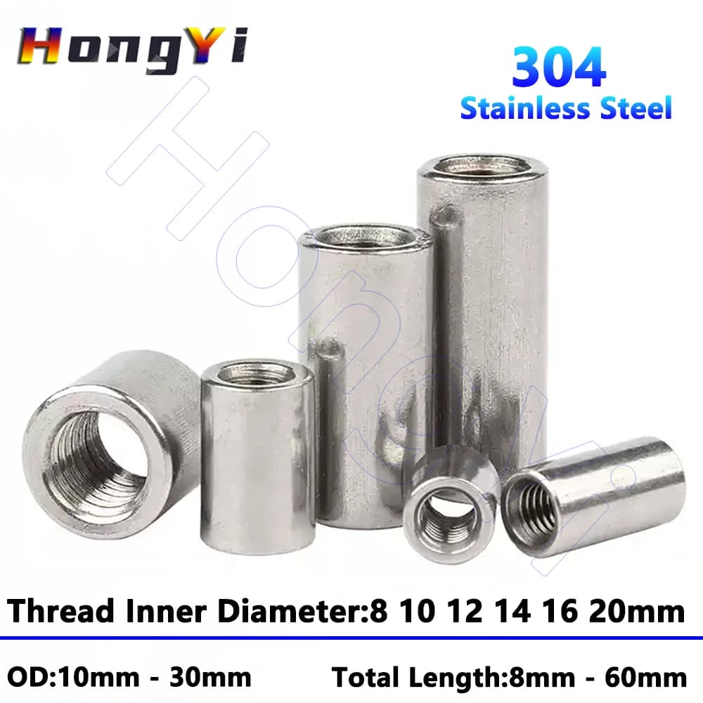 M8 M10 M12 M14 M16 M20 304 Stainless Steel Extension Thicken Round Column Joint Coupling Nut Cylindrical Connect Screw Nut