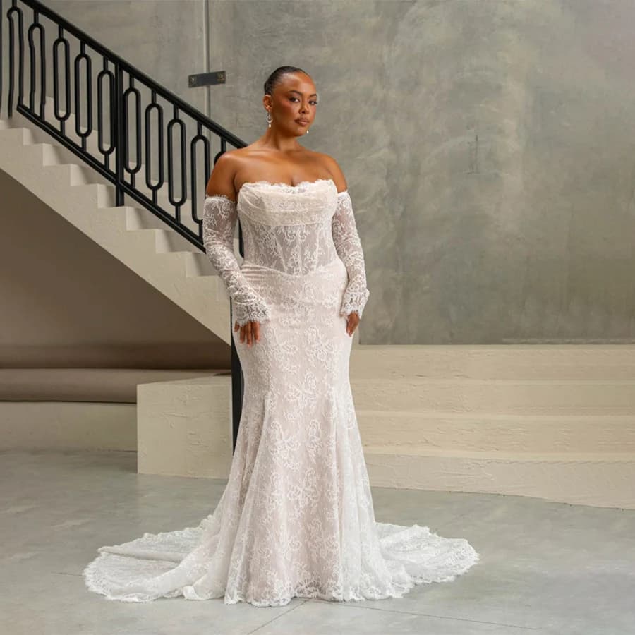 Customized Off-Shoulder Top See Through 3/4 Sleeve Mermaid Lace Evening Gowns Backless And Lace Up Wedding Dress