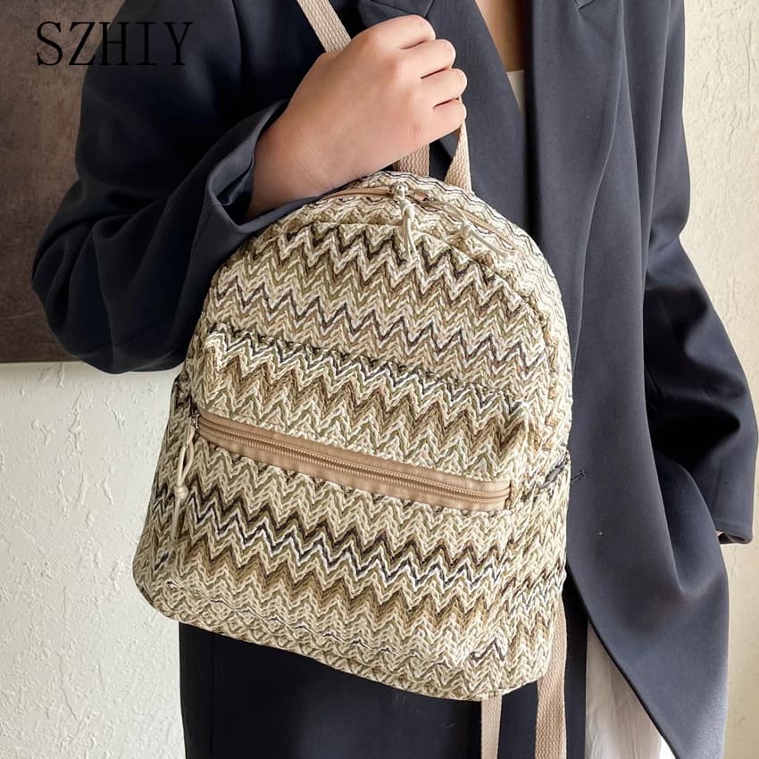 Colorful Grass Woven Backpack for Women Soft Back Fashion Designer Travel Pocket Summer New Beach Small Bohemian Mochila Vintage