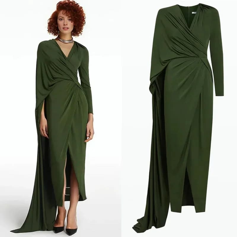 OIMG Arabic Simple V-Neck Satin Evening Dress Fashion LongSleeves Ruched  Vintage Green Wedding Party Gowns For Women 2024