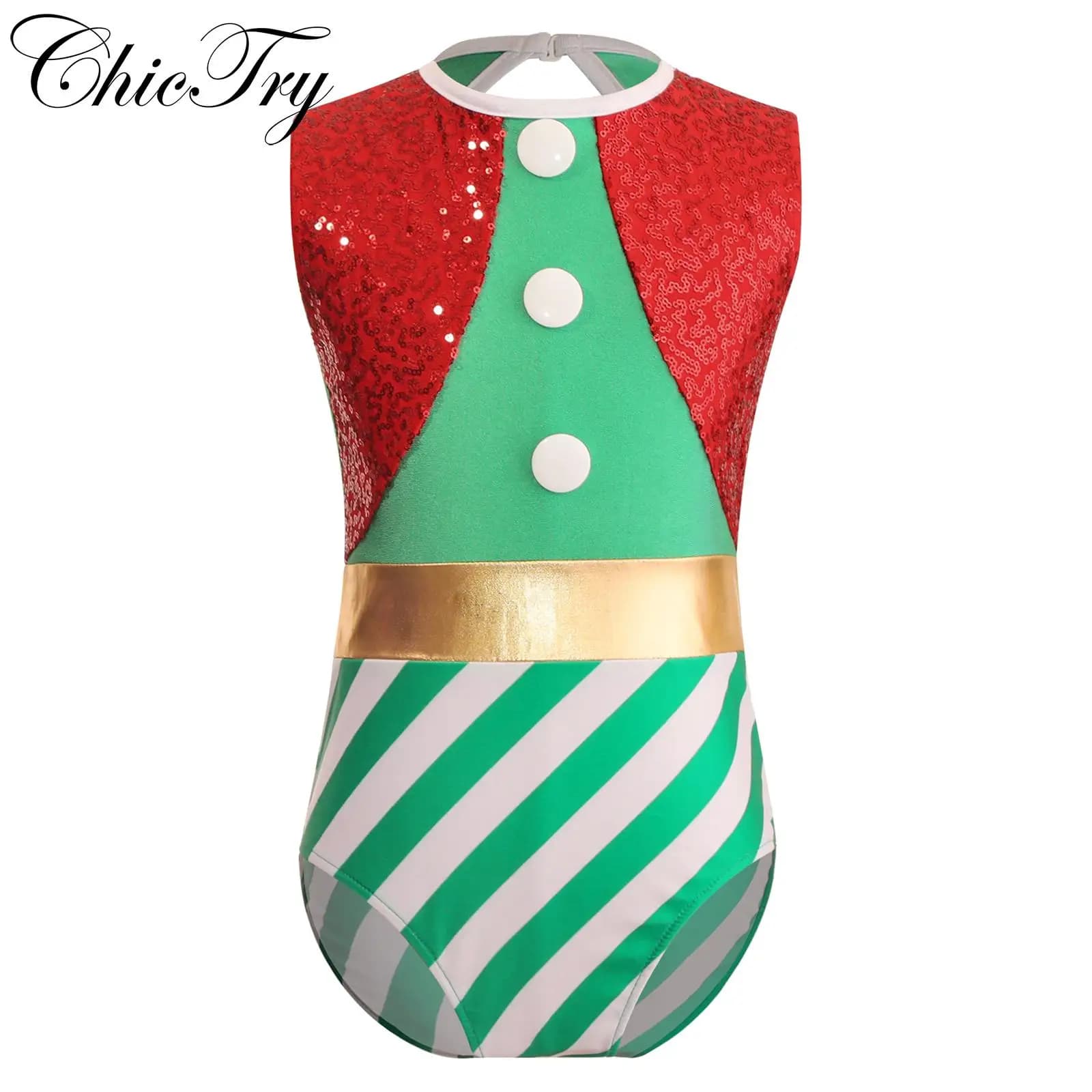 Kids Girls Elf Christmas Costume New Year Fancy Party Xmas Santa Clause Cosplay Bodysuit Dress Up Ballet Gymnastics Leotards