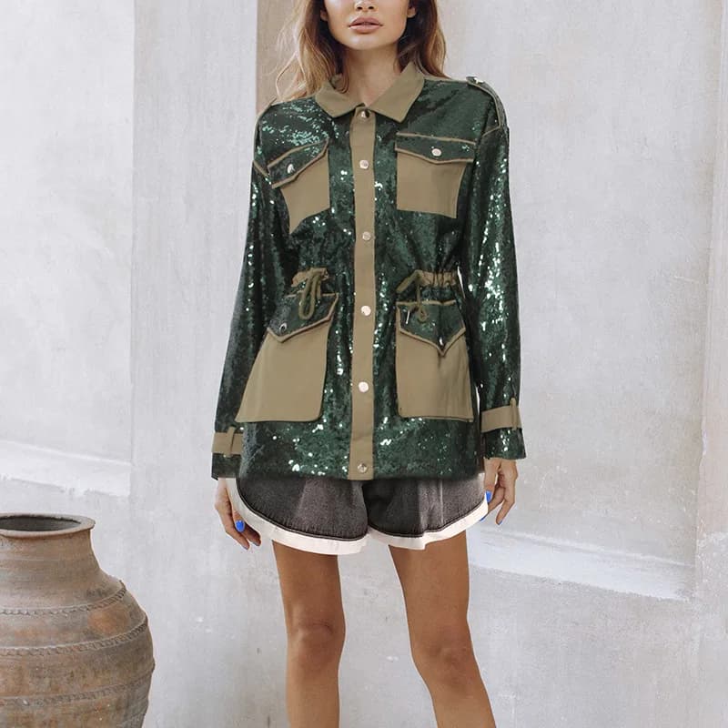 Fashion trend wind jacket jacket 2024 fall new niche design sense splicing sequins loose jacket female