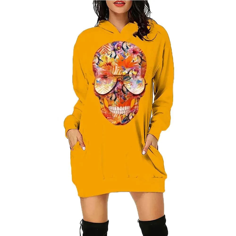 New 3D printed Halloween skull print hooded dress, sports shirt, long sleeved pullover, autumn and winter loose fashion clothing