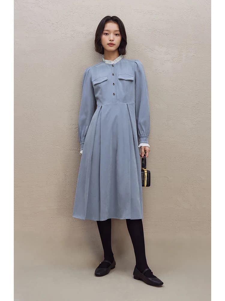 ZIQIAO French Hepburn Style Blue Dress for Women Autumn Winter New Design Wood Ear Edge Casual Mid-length Chic Dress 23ZQ94386