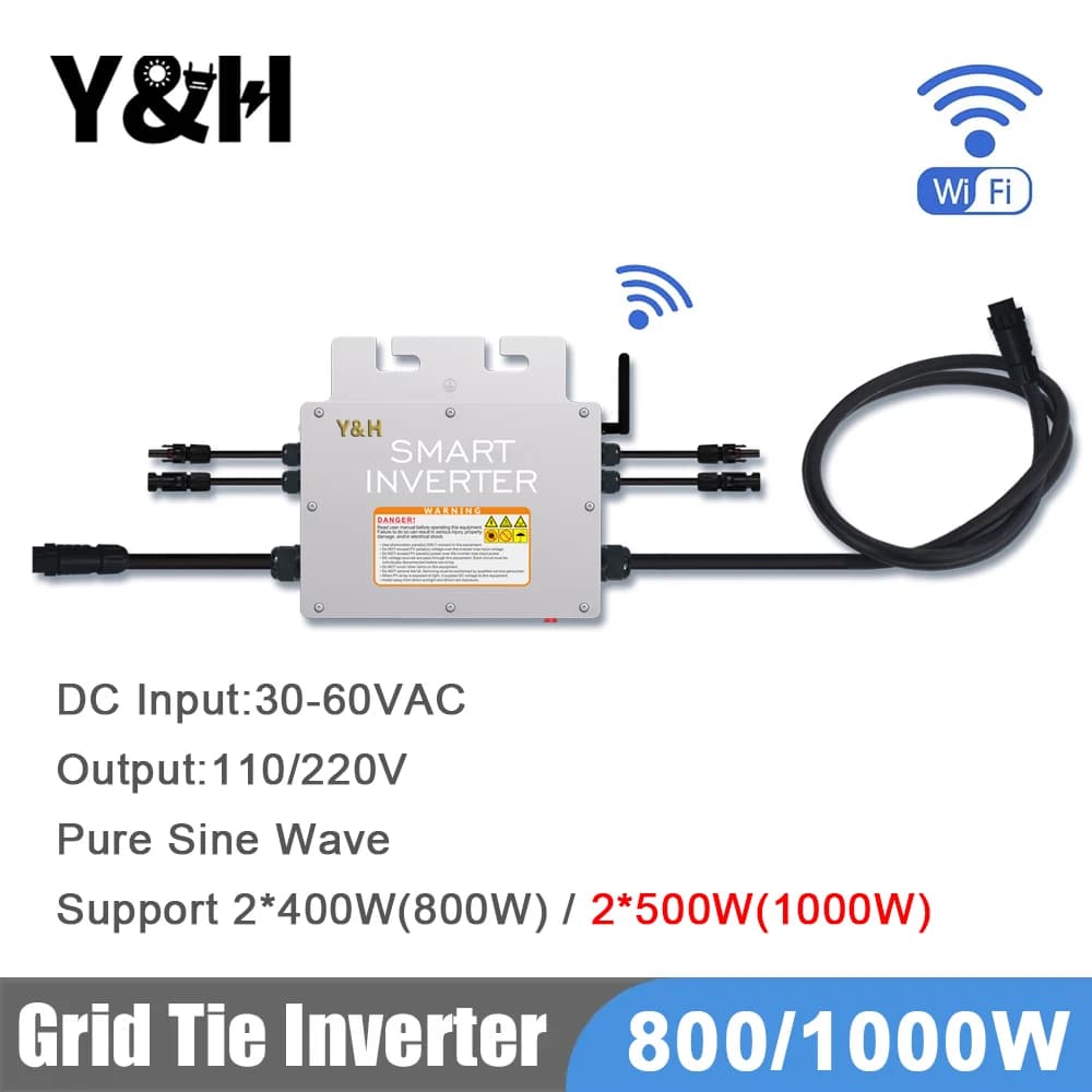 Y&H 800/1KW MPPT Grid Tie Micro Solar Inverter 30-60VDC Solar Panel Input, with WiFi IP65 Output 120V/230V Home Grid Solar Power