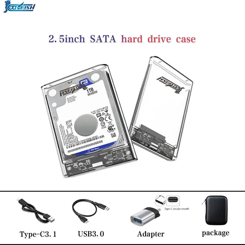 CoolFish USB 3.0/Type C 2.5 Inch SATA SSD External Hard Drive Case Transparent Hard Disk Case Tool-Free Support with 5Gbps