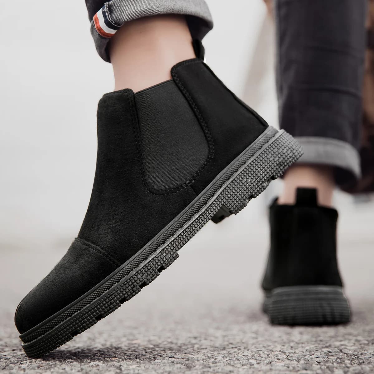 Retro Trend Men's Chelsea Boots Autumn Winter Male Students Hightop Walking Casual Shoes Black Khaki Suede Ankle Booty Halfboots