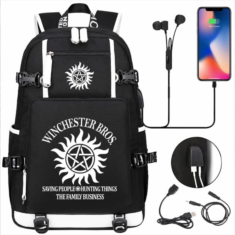 Supernatural SPN Print Backpack Teenarges Schoolbag Men Women Fashion USB Charging Port Laptop Shoulder Travel Bags Mochila