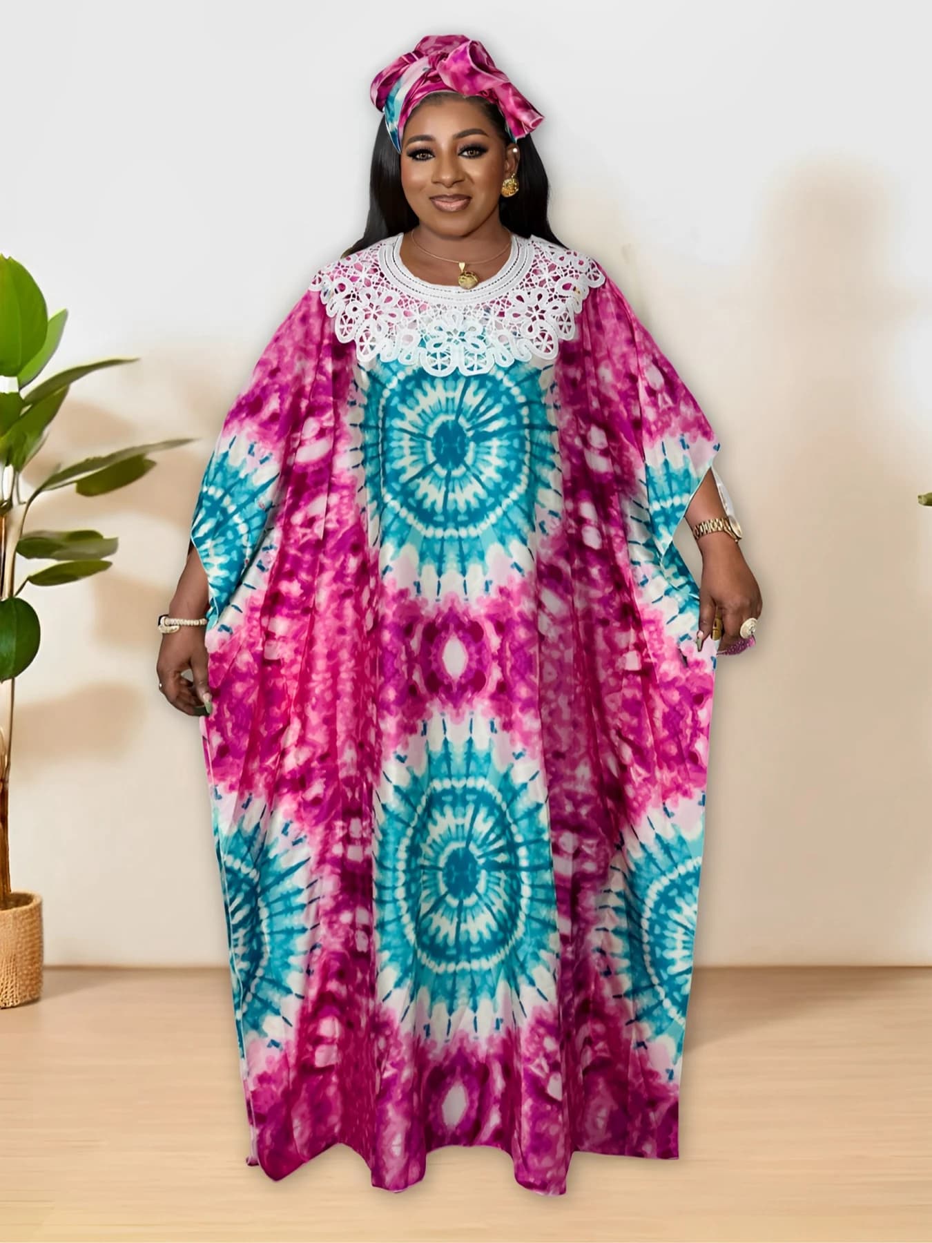 Plus Size Colorblock Tie Dye Pattern Kaftan Dress, Elegant Crew Neck Batwing Sleeve Maxi Dress, Women's Plus Size Clothing