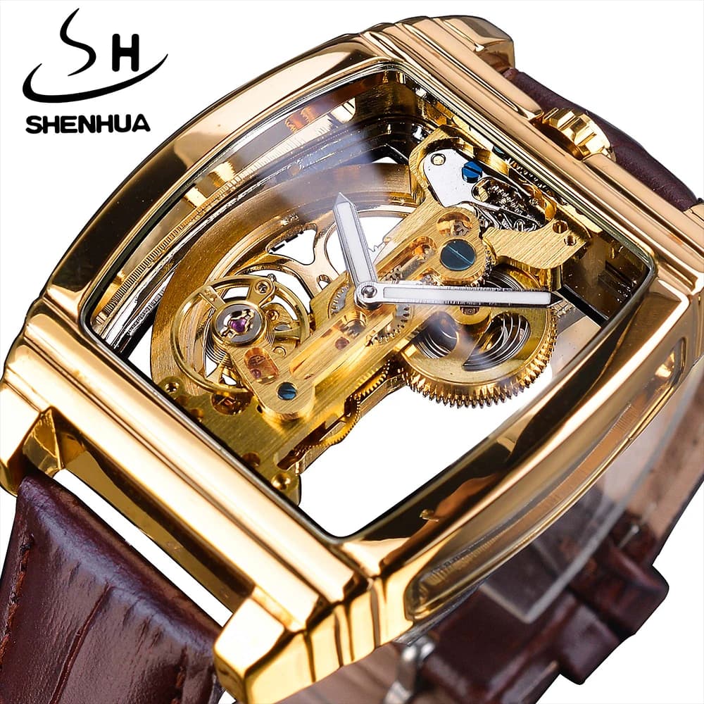 SHENHUA Transparent Royal Luxury Waterproof Automatic Mechanical Watch Leather Band Skeleton Tourbillion Gold Luminous Clock
