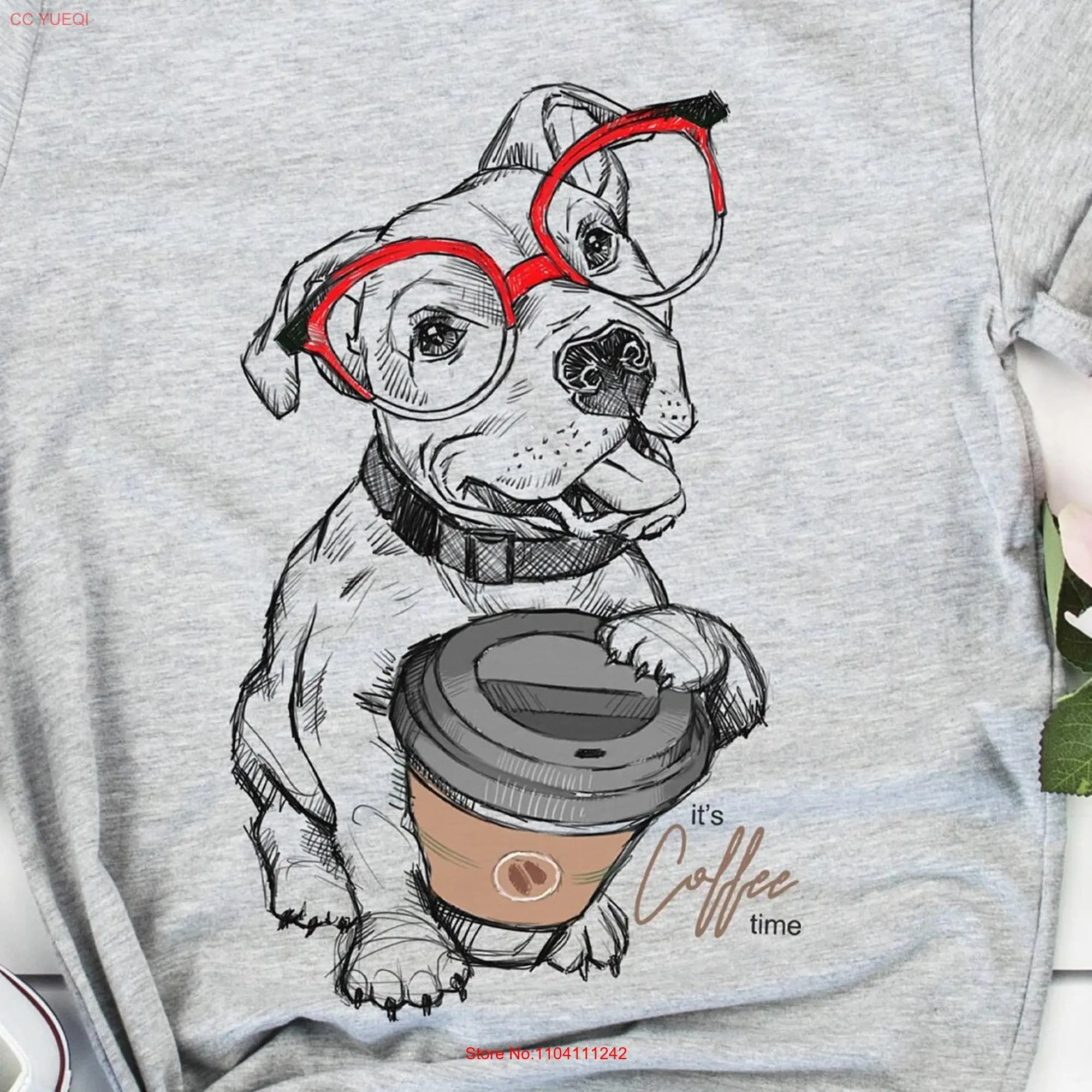 Pitbull Coffee T Shirt Cute Cafe Dog Funny Puppy Food Glasses Animal Pet Lover  long or short sleeves