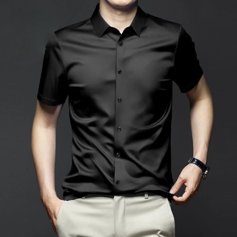 5XL Men's Dress Shirt Short Sleeve Basic Fashion Solid Ice Silk Non Iron Wrinkle Summer Luxury Business Soft Casual Black Blouse