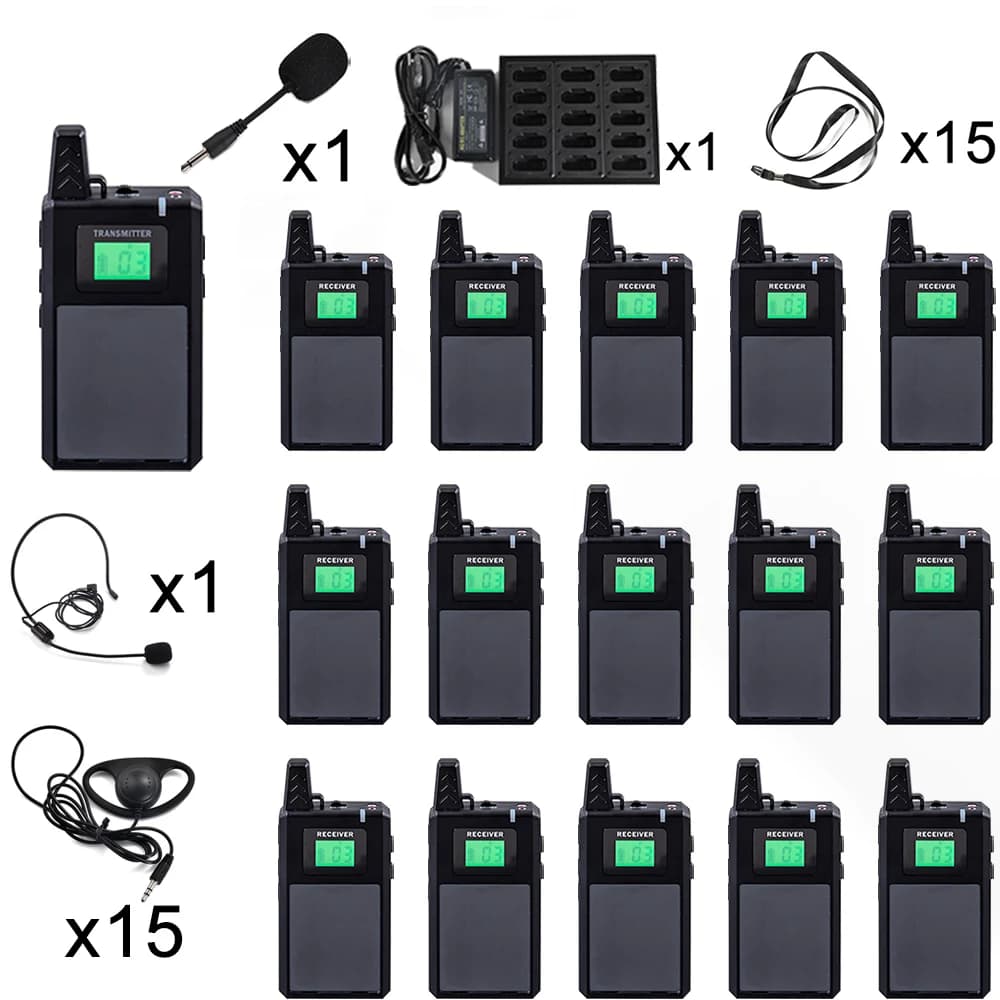 Wireless Whisper Tour Guide System Simultaneous Interpretation 15 Receivers Long Battery Life Conference