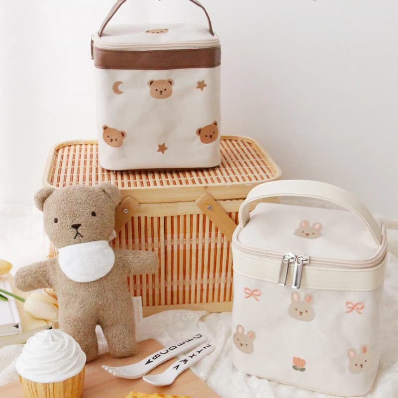 MILANCEL New Baby Food Insulation Bag Embroidered Bear Portable Picnic Bag