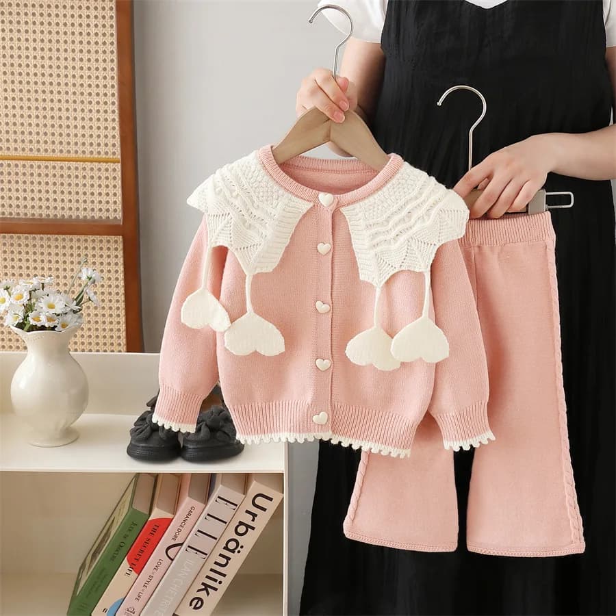 Children's Clothing Sets Love Knit Cardigan Sweater + Wide-leg Pants 2pcs Sets Baby Girl Outfit Set Kids Boutique Clothes 2-6Y