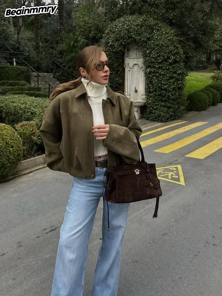 Chic Women's Green Suede Jacke Fashion Loose Long Sleeve Laple Zipper Bomber Jackets 2025 Spring New Ladies High Street Clothing