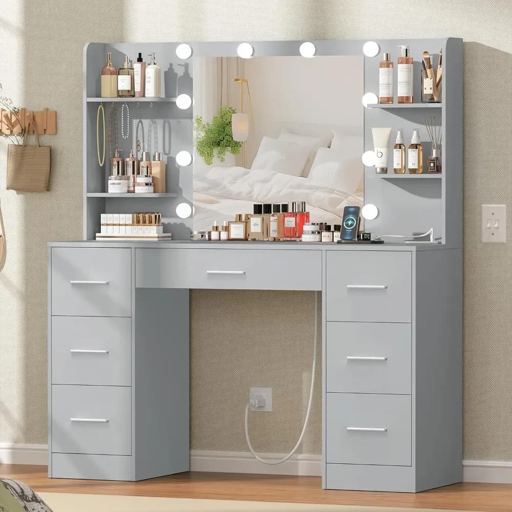 Large Vanity Desk with LED Lighted Mirror & Power Outlet, Makeup Vanity Table with 7 Drawers,4 Shelves and 5 Hooks, Vanity Table