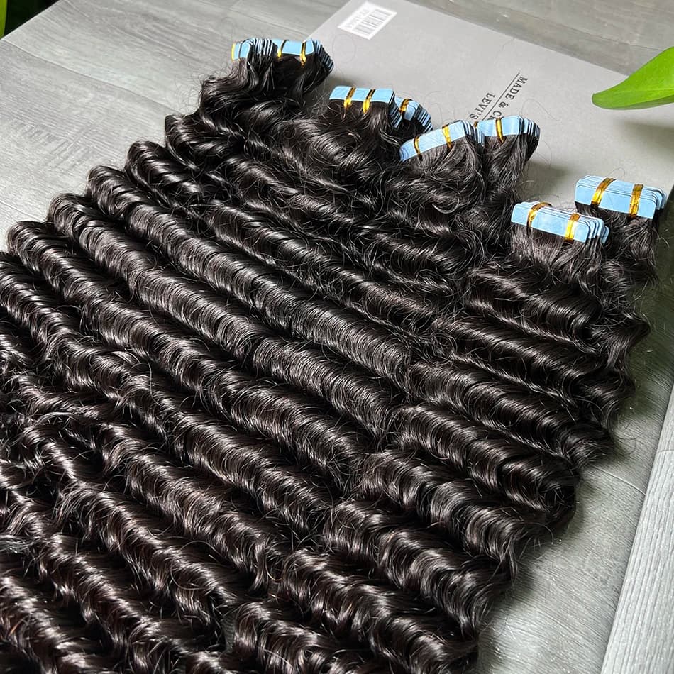 SWANEE Invisible Tape In Extensions Human Hair Deep Wave Pu Skin Weft Seamless Natural Tape Hair Ins for Woman Salon