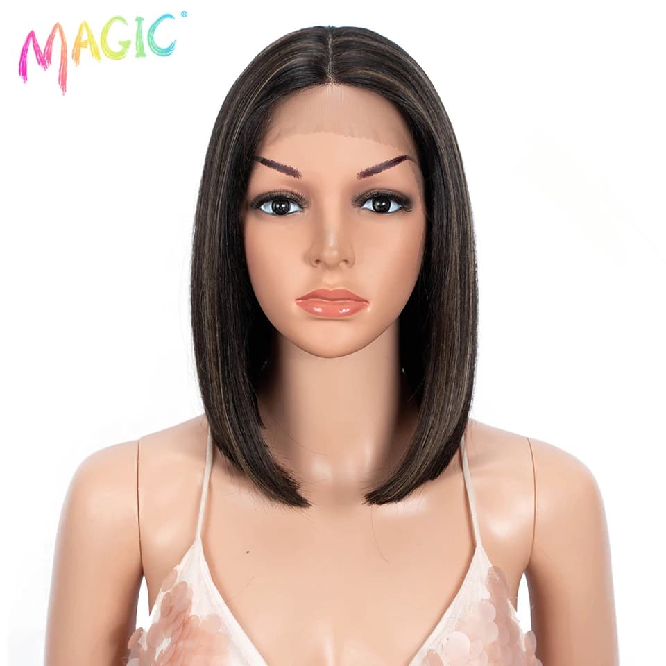 Magic Synthetic Lace Front Wig Straight Short Bob 12 Inch Ombre Blonde Colorful Wigs For Women Cosplay Wigs Middle Part Lace Wig