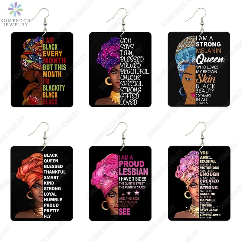 SOMESOOR Strong Melanin Queen African Wooden Drop Earrings Black Every Month Inspired Sayings Print Women Wood Dangle Jewelry