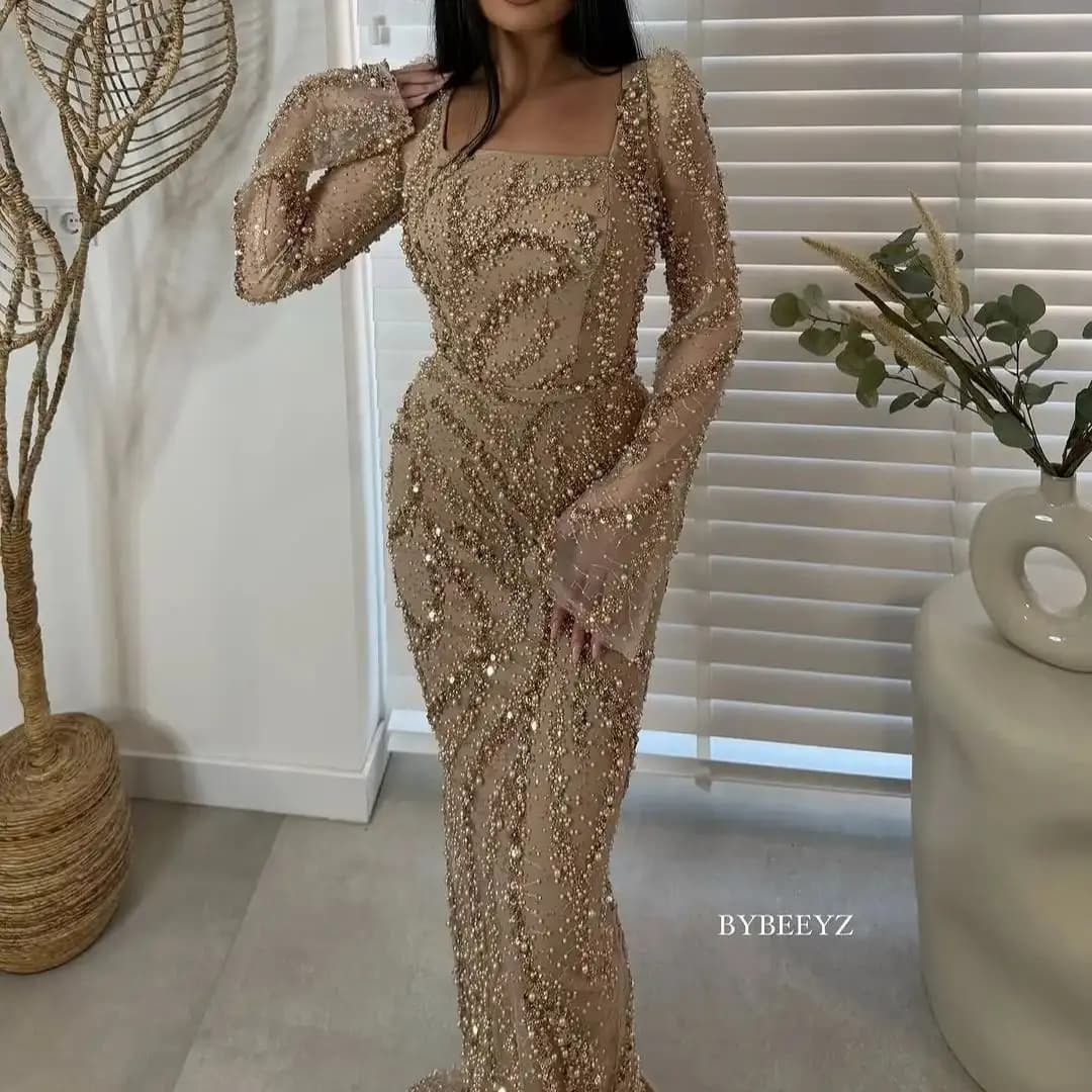 BABYONLINE Customzied Eveing Dress Women Luxury Long Sleeve Elegant party dresses Full Crystals Sheath Mermaid Long Formal Abiye