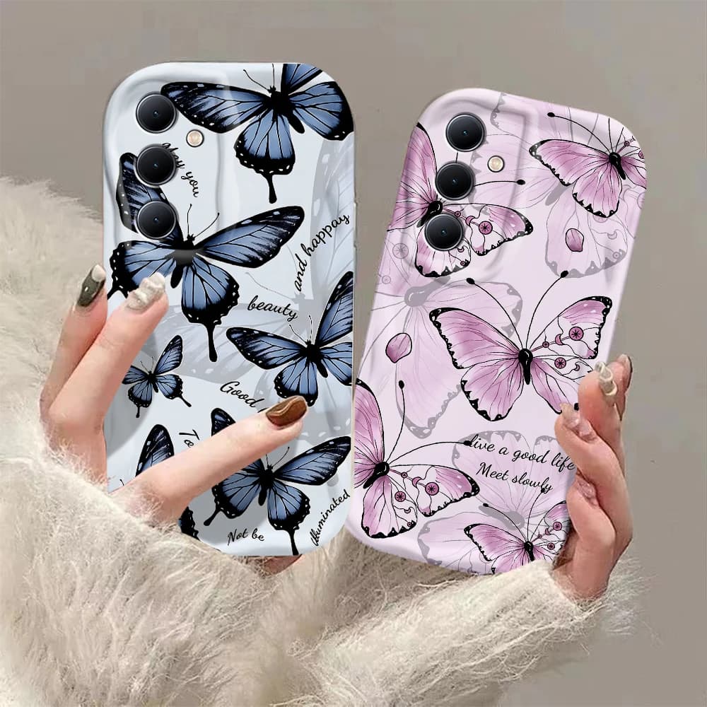 Cute blue retro butterfly 3D Wave Phone Case For Samsung Galaxy S24 S23 S21 S20 FE Plus Ultra 4G 5G Soft Silicone Back Cover
