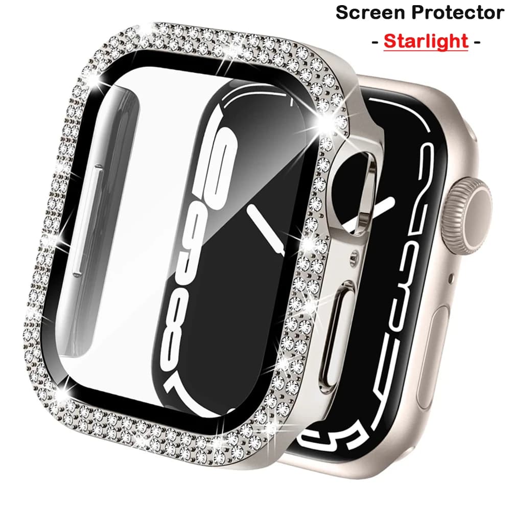 Diamond Cover For Apple watch Case 45mm 41mm 38mm 42mm 44mm 40mm Tempered Glass+Bumper Screen Protector series 9 8 7 6 5 4 3 SE