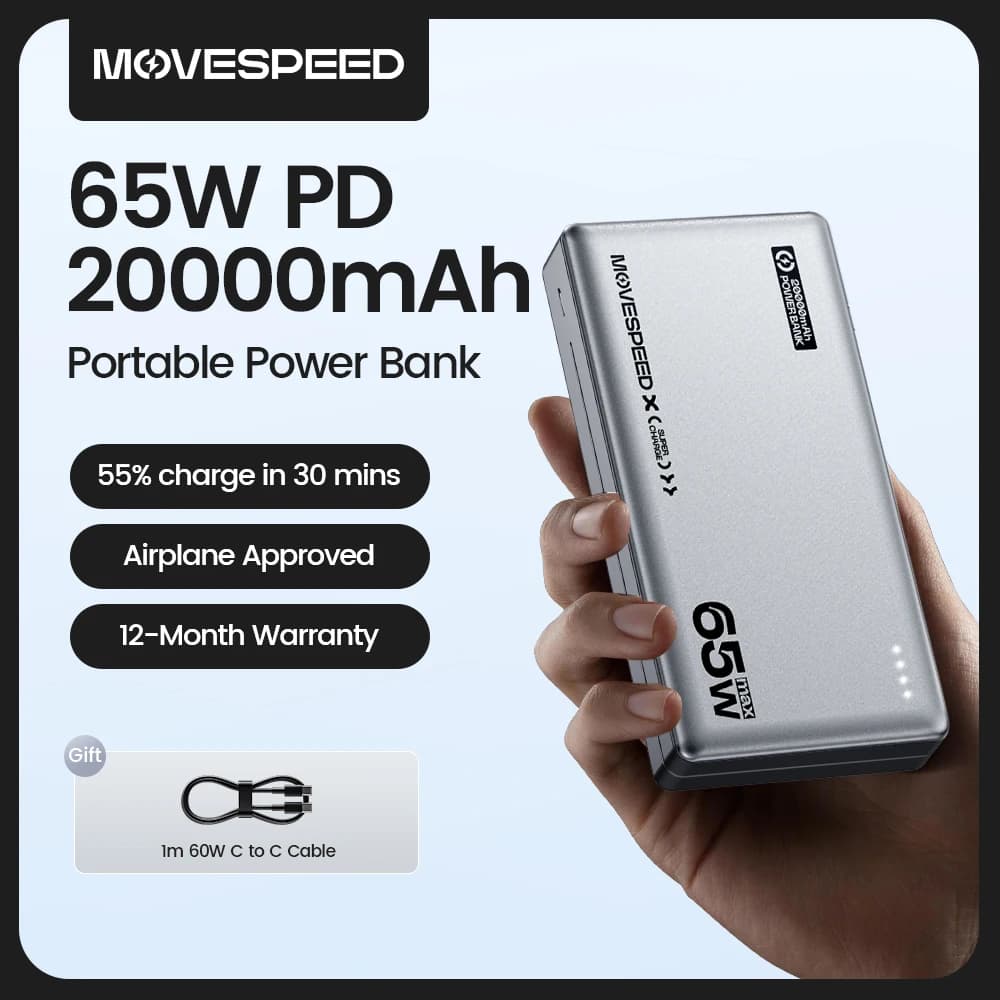 MOVESPEED E20 65W Power Bank 20000mAh Type C Fast Charging External Battery Portable Charger Powerbank for MacBook Lenovo Laptop