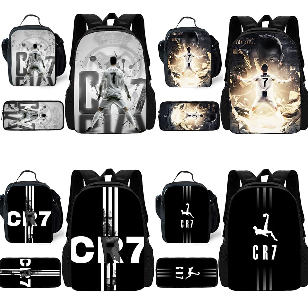  pcs set Football CR7 Star Child School Backpack with Lunch Bags Pencil Bags School Bags for R-Ronaldos Boys Girls Best Gift
