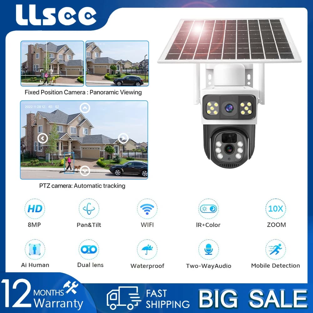 LLSEE V380 8MP 10x magnification,dual lens,4G SIM card,CCTV solar,WIFI outdoor wireless waterproof solar camera,360 pan tilt,4K