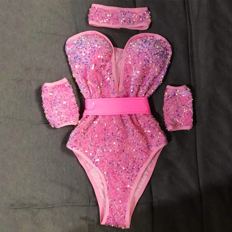 Bar Nightclub Ds Dj Gogo Dancer Costume Sexy Pole Dance Clothing Pink Sequins Bodysuit Women Rave Oufits Stage Wear XS8112