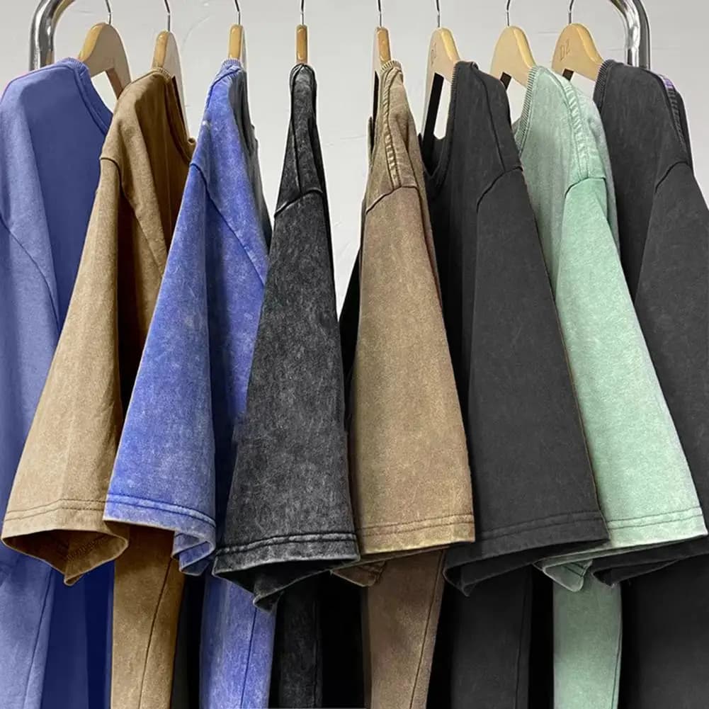 Men T-shirt Solid Color O-Neck Half-sleeves Breathable Summer Distressed Vintage Casual Male T-shirt Heavy Fabric Cotton Tops