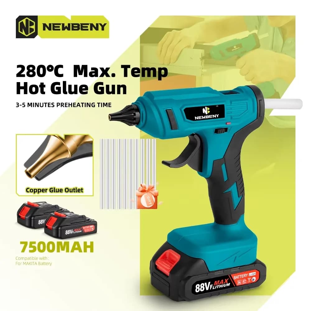 NEWBENY 280°C Hot Melt Glue Gun Portable Rechargeable with 10pcs 11mm Glue Sticks DIY Repair Tool For Makita 18V Battery Pin