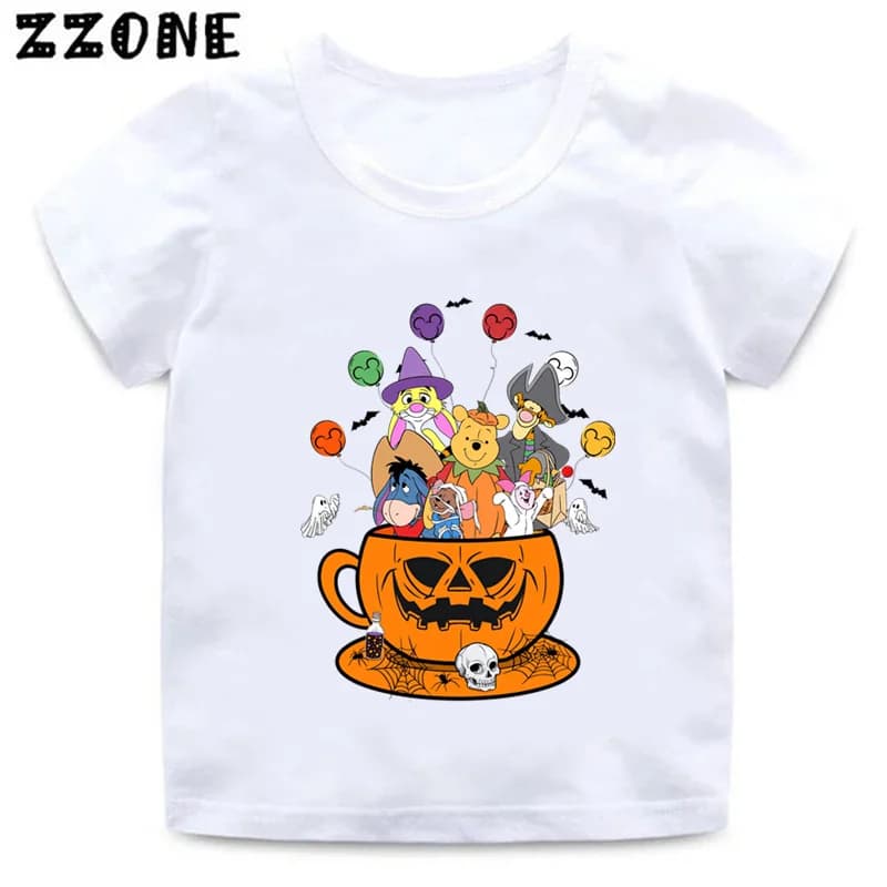 Winnie the Pooh Cute Bear Halloween Pumpkin Print Kids T-Shirts Girls Clothes Baby Boys T shirt Summer Children Tops,ooo5898