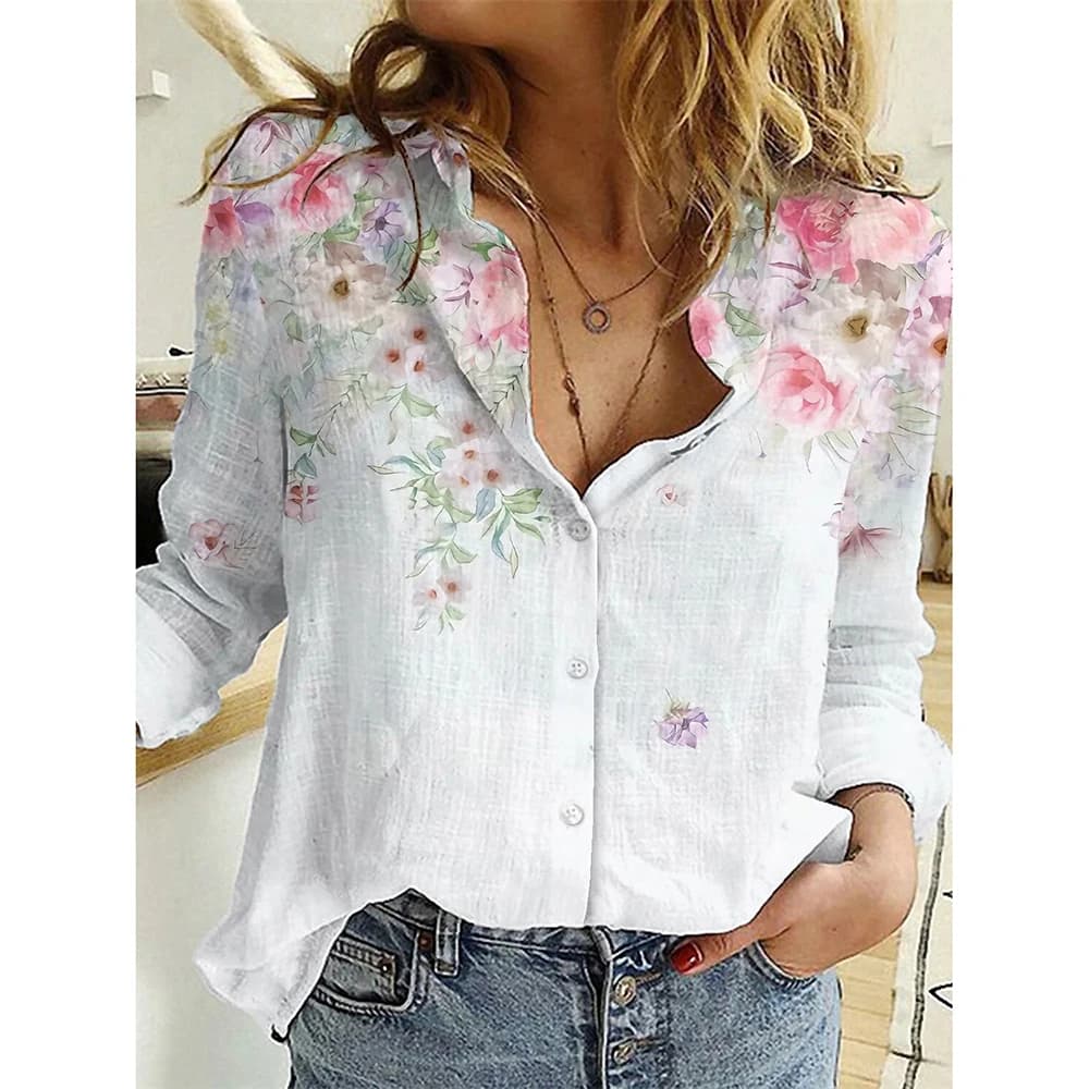 Women's Fashion Printed Shirt Pattern Button Top Slim Fit Comfortable Clothing Women's V-neck Button Casual Long Sleeve Shirt
