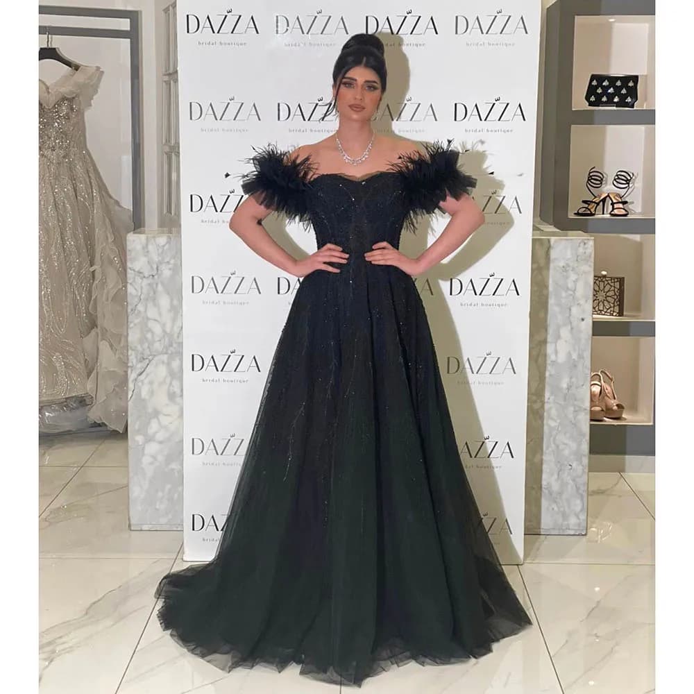 Luxury Beading A-Line Prom Dress Fashion Off the Shoulder Feather Tassel Floor Length Party Gowns Chic Sweep Train Evening Dress