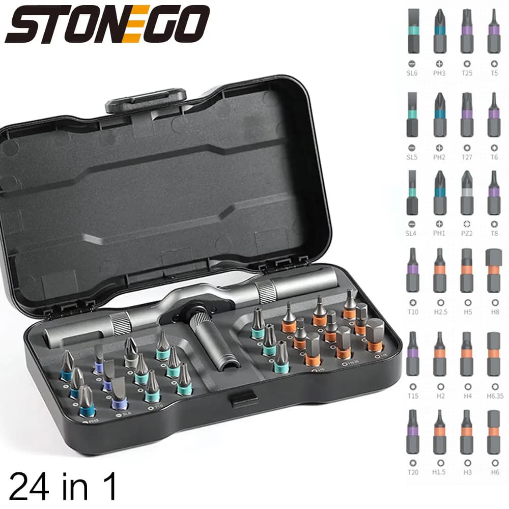 STONEGO 24-in-1 Screwdriver Set Multi-Purpose Hand Tool Ratchet Set Multi-Tool S2 Magnetic Drill Bit DIY Home Repair Tools
