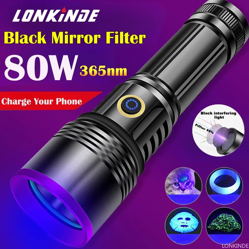 Powerful 80W UV Led Flashlight 365nm Ultra Violets Ultraviolet Lanterna Invisible Torch for Pet Stains Hunting Marker Checker