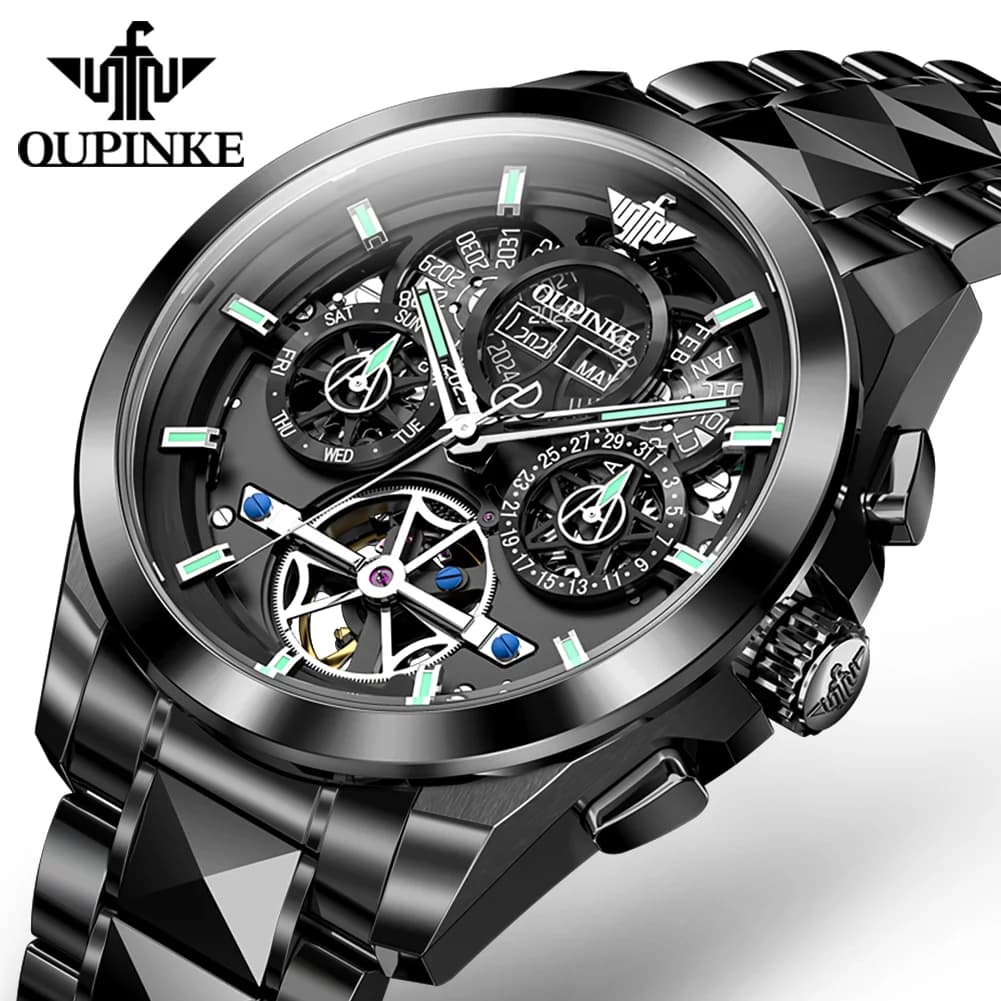 OUPINKE Brand Luxury Mechanical Watches Mens Automatic Luminous Sapphire Steel Waterproof Perpetual Calendar Week Reloj Hombre