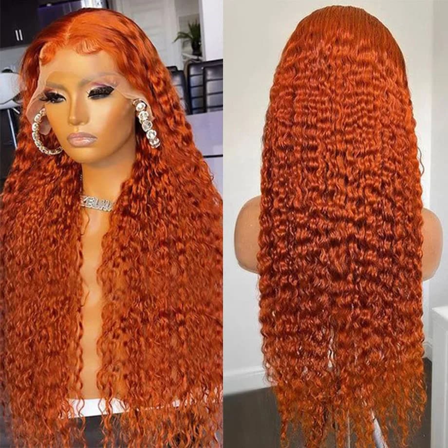 200 Density Curly Ginger Deep Wave Lace Front Human Hair Orange 13x6 Brazilian Hair Lace Frontal Wig  For Black Women