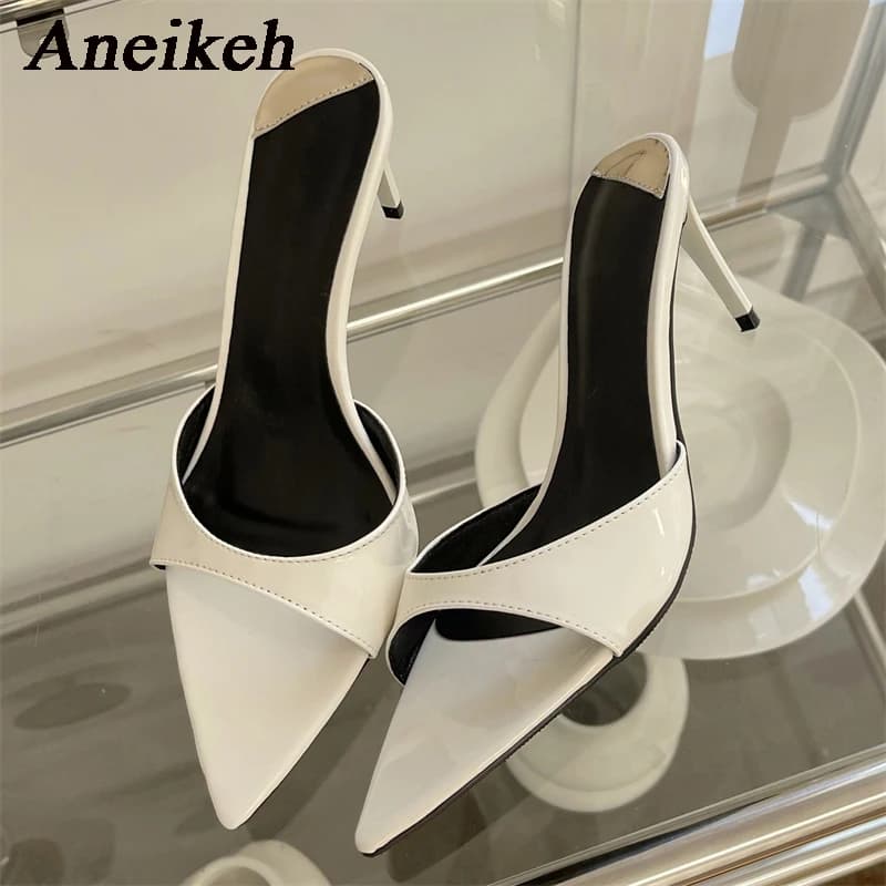 Aneikeh2025 Fashion Sexy PU Shallow Slim High HeelsWomen's Pointed Open Toe Outdoor Solid Color Anti slip Sandals Slippers Mules