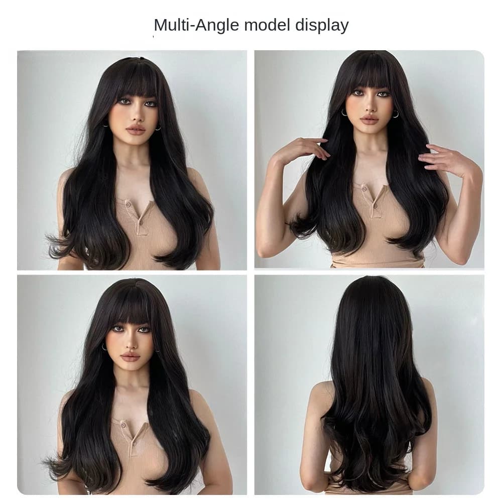 Medium Long Black Wavy Wigs For Women Synthetic Full Hair Natural Black Wigs With Side Bangs For Daily Use