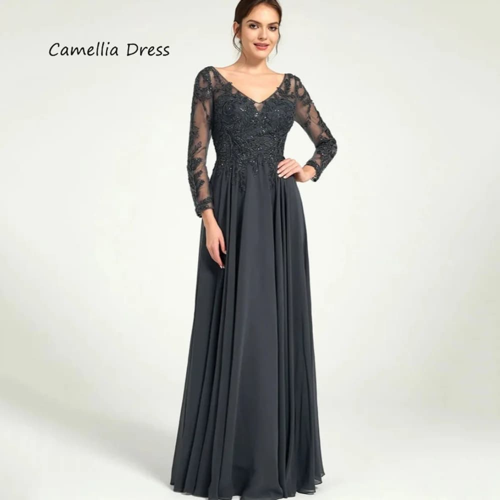 New Formal Chiffon Elegant Appliques Mother Of The Bride Dress A Line V Neck Floor Length Wedding Party Gown Vestidos De Novia