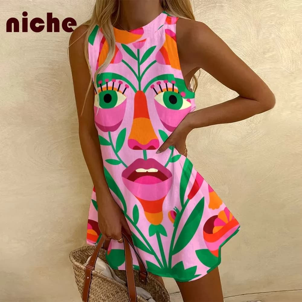 Ladies Chic Sleeveless Dress High Quality Cotton And Linen Abstract Face Flower Graphic Printing Fashion Trend New Skirt