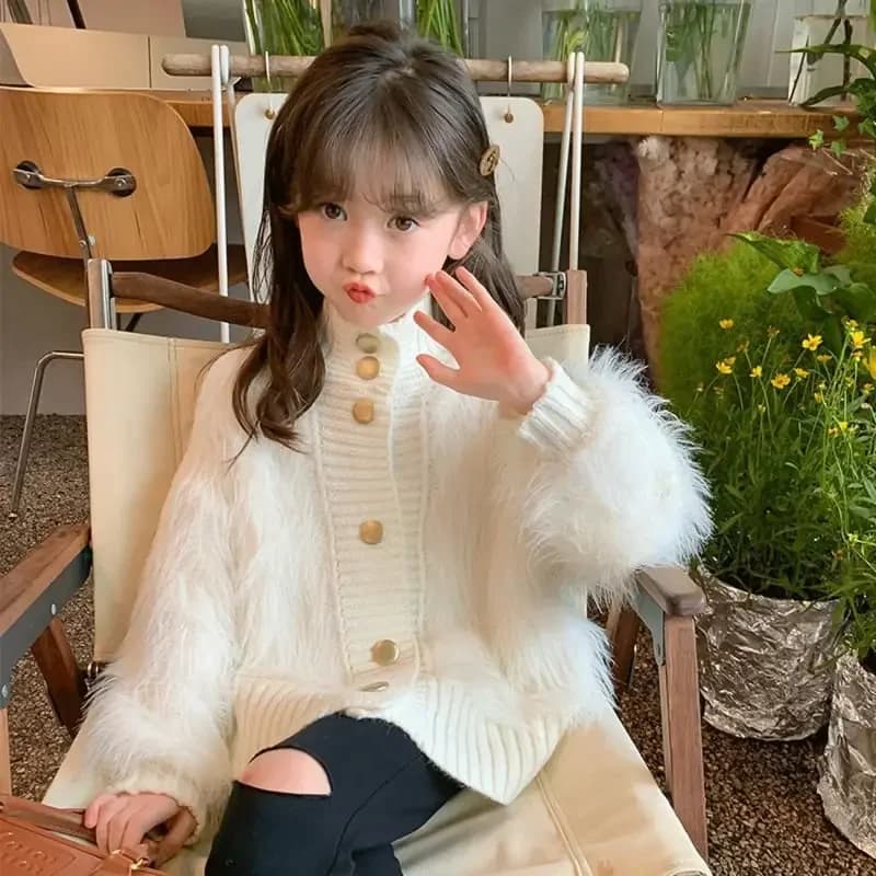 Girls Sweater Cardigan 2024 New Fashion Spring Autumn Children Mink Spring Fur Coat Simple Casual Sweater Clothes Top Kid